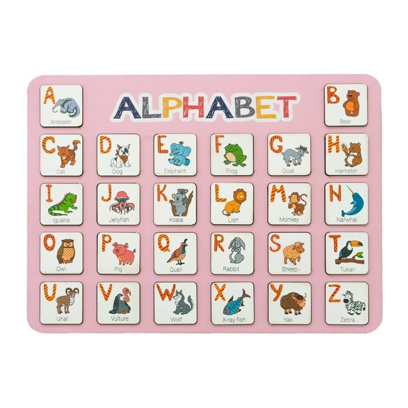 Дерев’яна абетка-вкладиш англійська «ALPHABET» рожева 29х39 см